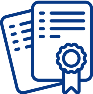 Certificate icon with ribbon and documents.